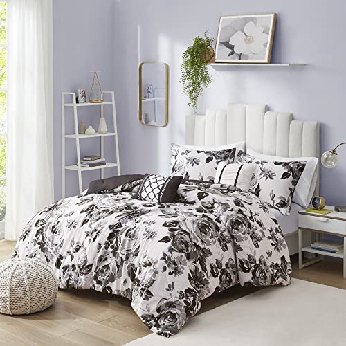 Intelligent Design Dorsey Comforter Reversible Flower Floral Botanical Printed Ultra-Soft Brushed All Season Bedding-Set, Full/Queen, Black/White 5 Piece Intelligent Design