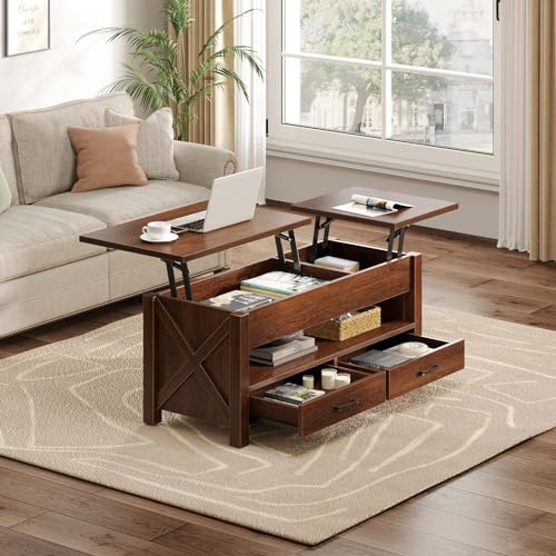 Seventable Coffee Table, 47.2" Lift Top Coffee Table with 2 Storage Drawers and Hidden Compartment, Farmhouse Center Table with Wooden Lift Tabletop, for Living Room,Espresso Seventable