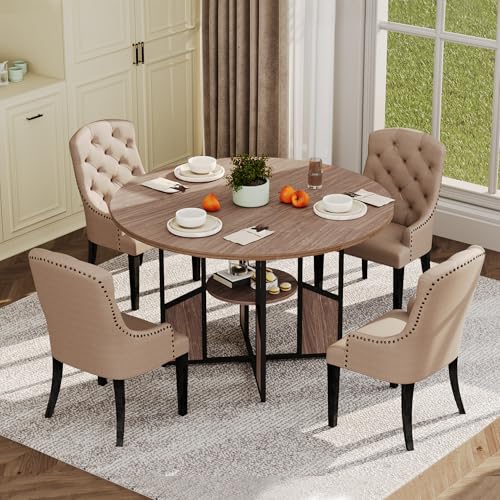 IDEALHOUSE ‌47 Inch Round Dining Table for 4-6 Person, Farmhouse Kitchen Table with Storage Shelf, Wood Circle Breakfast Nook Set with Metal Base for Small Space, Apartment, Dining Room, Walnut IDEALHOUSE