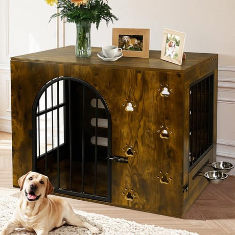 Coolsheepsia Dog Crate Furniture for Small Medium Dogs, Heavy Duty Wood Metal Indoor Dog Kennel with Bowls, Decorative Pet Cage Dog House as TV Stand, Brown Coolsheepsia