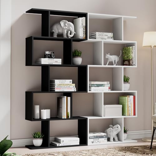 Cozy Castle Set of 2 Geometric Bookcase, S-Shaped Modern Bookshelf, Room Divider Bookshelf, 62" Tall Unique Abstract Bookcase with 5-Tier Display Shelf for Living Room Office, White & Black Cozy Castle