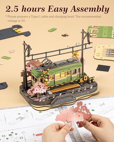 ROBOTIME 3D Puzzles for Adults DIY Model Building Toy with LED Light Wooden Craft Kits Diorama Tram Hobby for Kids Brain Teaser Gift (Sakura Journey) - WoodArtSupply