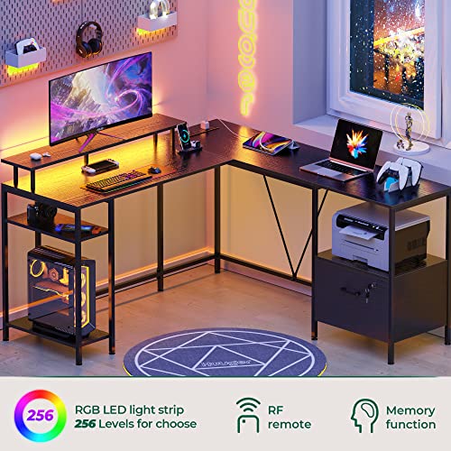 Huuger L Shaped Computer Desk with Power Outlets & LED Lights, Reversible Computer Desk with File Cabinet & Storage Shelves, Corner Desk Home Office Desk, Black - WoodArtSupply