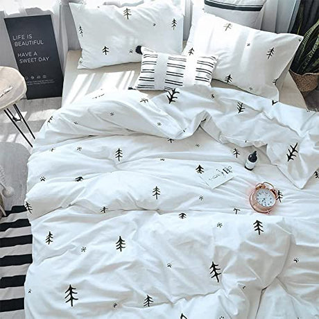 BuLuTu Kids Duvet Cover Full Size Cotton White/Grey,Premium Boys Girls Bedding Sets Twin,Single Bed Comforter Cover Zipper Closure,Forest Tree Print Pattern,Super Soft,Breathable,No Comforter BuLuTu