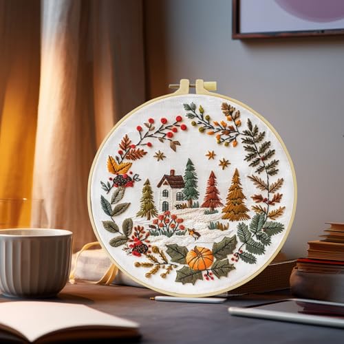 Embroidery Kit for Beginners, Beautiful small town Nature Landscape Pre-Stamped Pattern Kits for Adults , Easy to Follow Color Thread Needlework,DIY Cross Stitch Kits with 8'' Hoop Needles Threads