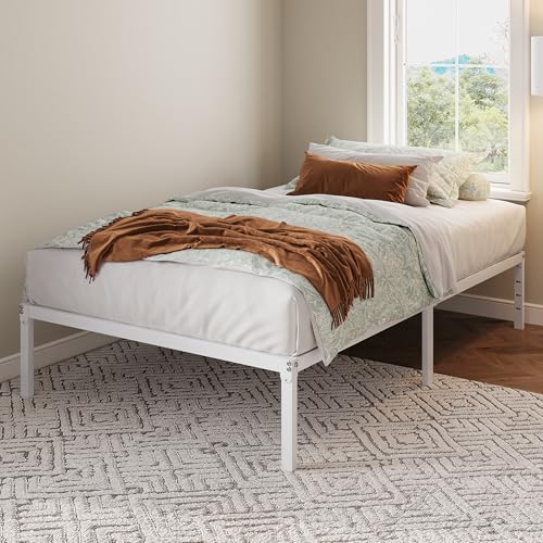 Allewie Twin Bed Frame, 12 Inch Metal Platform Beds with Storage Space, No Box Spring Required and Easy Assembly, White Allewie