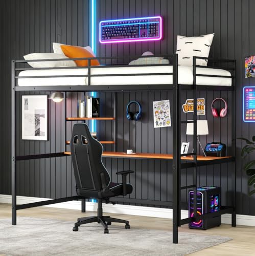 Bellemave Full Size Loft Bed with Desk and 2 Shelves, Metal Full loft bedframe with Storage Shelves, Black Bellemave