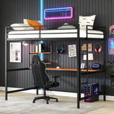 Bellemave Full Size Loft Bed with Desk and 2 Shelves, Metal Full loft bedframe with Storage Shelves, Black Bellemave