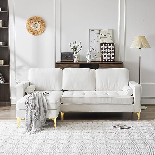 Karl home L-Shape Sectional Sofa Linen Fabric Sofa Couch Living Room Futon Couch with Reversible Chaise, Lattice Decored Seat Cushion, Beige Karl home