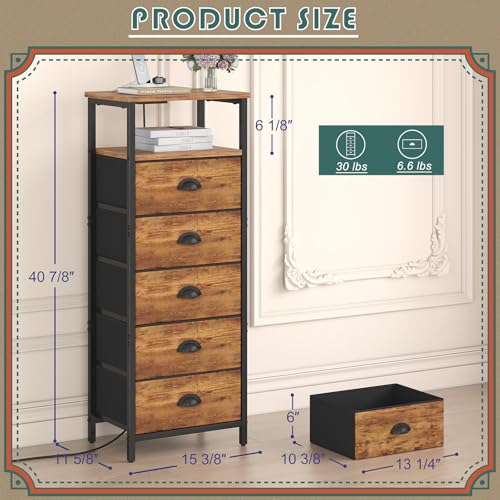 sthmec Nightstand with Charging Station,LED Night Stand with 5 Fabric Drawers, Bedside End Tables, 2-Tier Open Storage Shelf Side Table Nightstands with Drawers for Bedroom,Rustic Brown sthmec