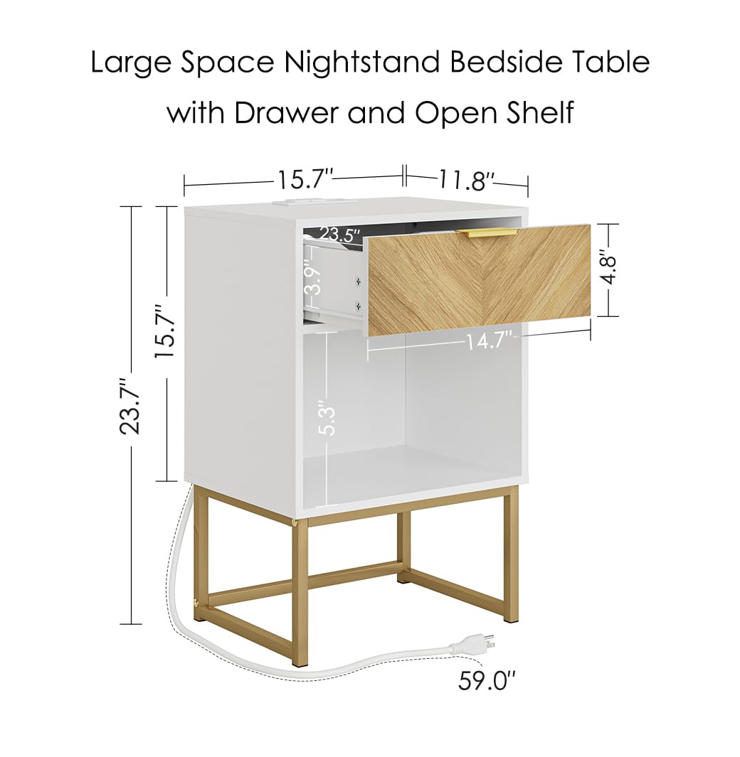 Masupu Night Stand with Charging Station,Modern Nightstand Boho Farmhouse Wood Bedside Table with Storage Drawer Side End Table for Bedroom,Living Room,Office,White with Outlet - WoodArtSupply