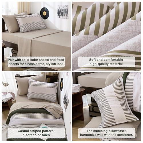 Twin Size Comforter Olive Green Striped Comforters for Boys&Girls,5 Pieces Bed in A Bag Simple Neutral-Style Bedding Sets for Kids Teen Cottolester