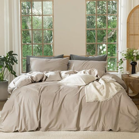 MooMee Bedding Duvet Cover Set 100% Washed Cotton Linen Like Textured Breathable Durable Soft Comfy (Heathered Taupe, Twin 68"x90") MooMee