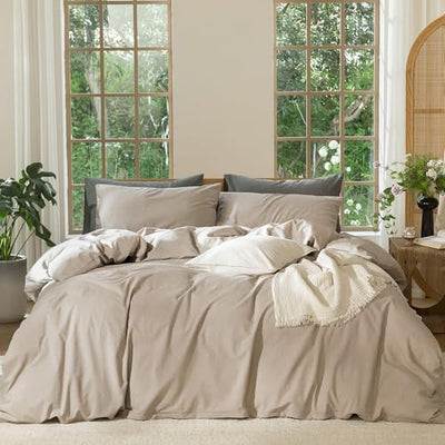 MooMee Bedding Duvet Cover Set 100% Washed Cotton Linen Like Textured Breathable Durable Soft Comfy (Heathered Taupe, Twin 68"x90")
