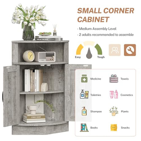Vabches Corner Storage Cabinet, Farmhouse Small Floor Corner Cabinet with Barn Door and Adjustable Shelf, Narrow Cabinet Organizer for Bathroom,Pantry, Living Room, Kitchen, Grey Vabches