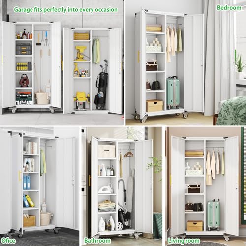 71" Tall Broom Closet Storage Cabinet with Hanging Rod for Cleaning Supplies & Tools,Metal Utility Storage Cabinets with Lock,Wardrobe Cabinets with Adjustable Shelves for Garage,Laundry Room,Bedroom Lusiwry