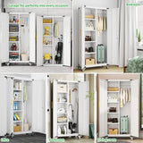 71" Tall Broom Closet Storage Cabinet with Hanging Rod for Cleaning Supplies & Tools,Metal Utility Storage Cabinets with Lock,Wardrobe Cabinets with Adjustable Shelves for Garage,Laundry Room,Bedroom Lusiwry
