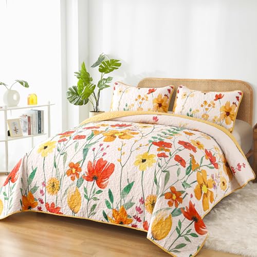 Anibedding Yellow Quilt Set King Size, Yellow Floral Reversible Bedspread Soft Microfiber Lightweight King Size Quilt Bedding Sets Reversible Coverlet for All Season(King, 104"x90") Anibedding