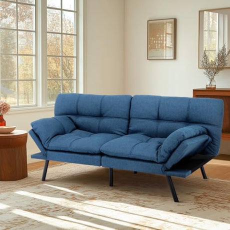MUUEGM Futon Sofa Bed 71" Convertible Memory Foam Royal Blue Futon Couch Bed Modern Loveseat Sleeper with Adjustable Backrests Armrests for Living Room,Small Space,Office MUUEGM