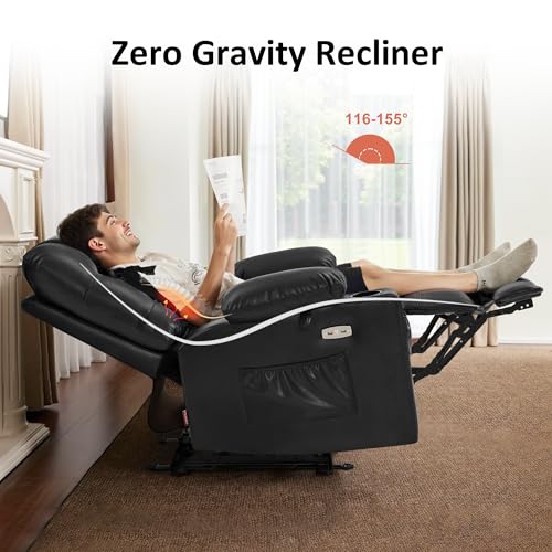 MCombo Zero Gravity Power Recliner Chair with Heat and Vibration Massage, Reclining Chair with USB Ports, Cup Holders for Living Room, Faux Leather PR621 (Black)