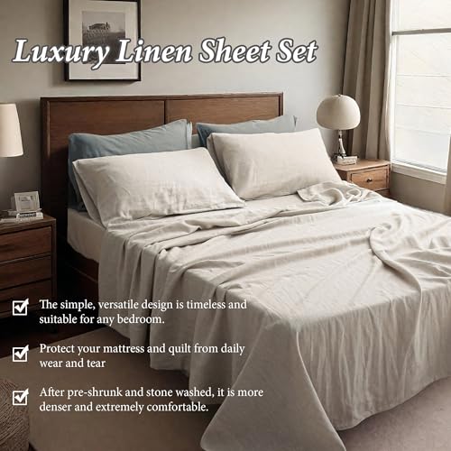 QKTE 100% Natural Linen Sheets Set 4 Piece - Washed Linen Bedding Set with 16" Deep Pocket Fitted Sheet, Flat Sheet & 2 Pillowcases, Breathable Durable for All Seasons (Linen, Queen) QKTE