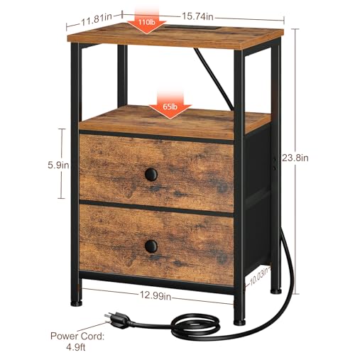 LOAKEKEL Nightstand with Charging Station, End Table with 2 Fabric Drawers, Night Stand for Bedroom, Small Bed Side Table with USB Ports and Outlets for Living Room, Brown, HETS020BR-1 LOAKEKEL