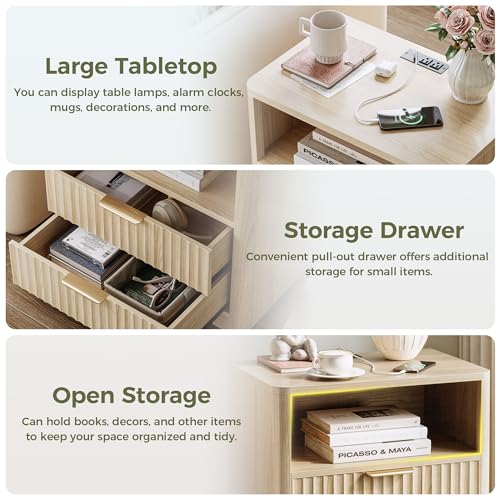 IRONCK Fluted Night Stand Set of 2, Modern Nightstand with Charging Station, Drawers and Open Shelves - Bedside Table Wood Side Table Set for Bedroom IRONCK