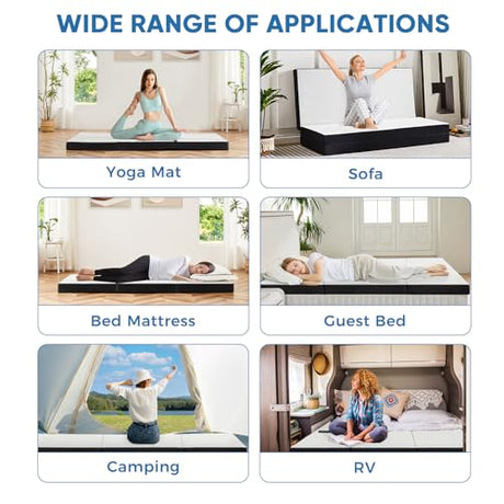 KMFurnila Folding Memory Foam Mattress, 4" Tri-Fold Single Mattress Topper with Washable Cover, Non-Slip Portable Guest Floor Bed for Travel Camping KMFurnila