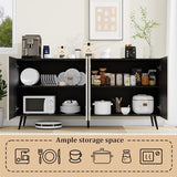 Vrmuxita Sideboard Buffet Cabinet with Storage: 63" Black and Oak Credenza Storage Cabinet for Living Room, Mid Century Modern Console Table with 4 Doors, Fluted Long Accent Cabinets (Oak) Vrmuxita