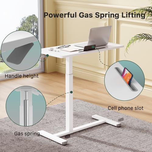 Gibbon Mounts Mobile Standing Desk, Pneumatic Adjustable Rolling Desk(31.5 Inches), Portable Laptop Desk with Wheels, Overbed Bedside Table Laptop Table for Couch, Home, Office, White Gibbon Mounts
