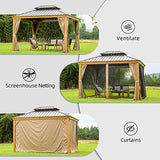 12' x 14' Hardtop Gazebo, Domi Wood Looking Aluminum Gazebo with Galvanized Steel Double Roof, Permanent Metal Gazebo with Curtains and Netting for Patio Lawn and Garden domi outdoor living