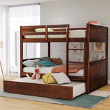 NC Full Over Full Wood Bunk Bed with Twin Trundle Bed and Removal Ladder and Safety Rail, Can be Divided into 2 Beds, Walnut N\C
