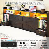 Etditrnp King Bed Frame with Storage Headboard, Farmhouse Platform Bed Frame with Bookshelf, Drawers, LED Lights and Charging Station, Metal Slats Support, Noise Free, No Box Spring Needed, Black Etditrnp