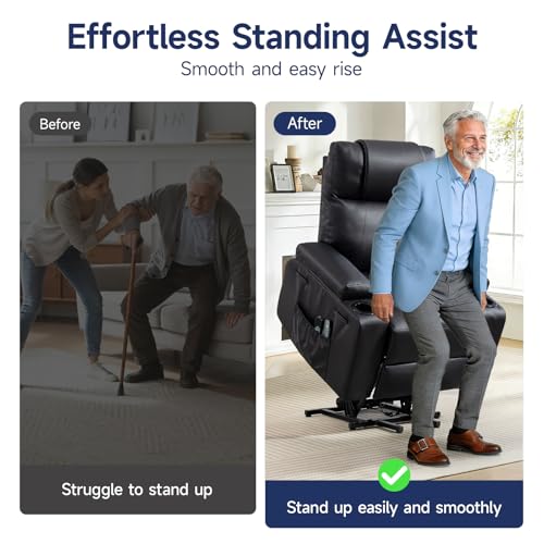 Brage Living Power Lift Recliner Chair for Elderly with Massage & Heat, PU Leather Electric Recliner with USB Charge Port, 160° Adjustable Recline, Stand Assist, Remote Control, Cup Holders (Black)