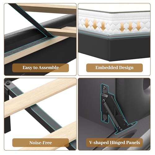 Floating Bed Frame Queen,Queen Bed Frame with Headboard & LED Light &Charging Station,Bed Frame Queen Size Leather Metal Platform Noise-Free,Floating Bed Frame No Box Spring Needed,Easy Assembly,Black BYSAUD