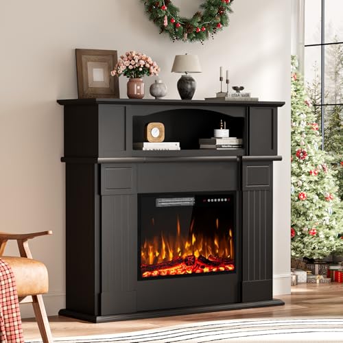 PRETZI 43" Electric Fireplace with Mantel, Wooden Black Electric Fireplace Surround with Mantel, Freestanding Faux 23" Fireplace Insert for Living Room with Remote Control, Adjustment 3D Led Flame PRETZI