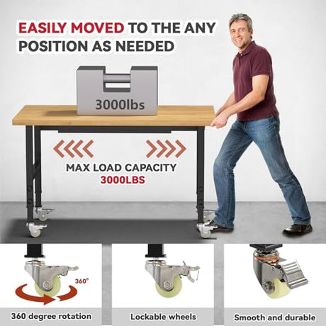 Granper 48" Heavy Duty Solid Wood Work Bench, Work Table with Drawers, Portable Garage Workbench with Wheels and Power Outlet, 3000 LBS Load Capacity, Rolling Tool Workbench for Workshop, Office, Home Granper