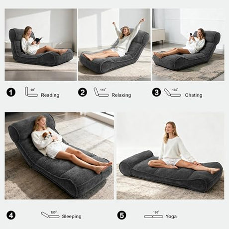 SUNPEAK Lazy Floor Bed 83" – Extra Comfy Sleeper Chaise Lounge Chair Indoor, Adjustable Recliner Floor Lounger, Plush Futon Chair Bed for Yoga, Gaming, Meditation & Reading Nook (Recliner, Black) SUNPEAK