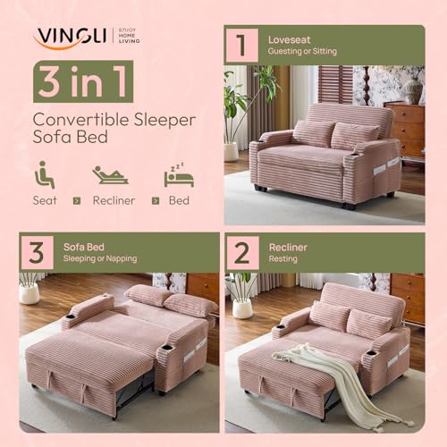 VINGLI Green Futon Sofa Bed Convertible Loveseat Sleeper Sofa Couch, Corduroy Pullout Sofa Fold Out Couch Bed with USB Ports, Cup Holders, Armrest for Living Room, Bedroom Apartment Room VINGLI
