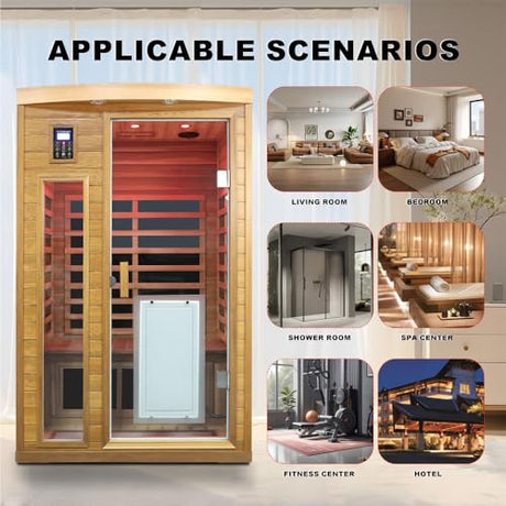 2 Person Low EMF Infrared Sauna for Home, Red Cedar Wood Far Infrared Saunas, 1750watt Indoor Personal Sauna Room with Door Heating Panels, Blue-tooth, 7-Color Chromotherapy Lights, 2 Outdoor Lamps Kanlanth