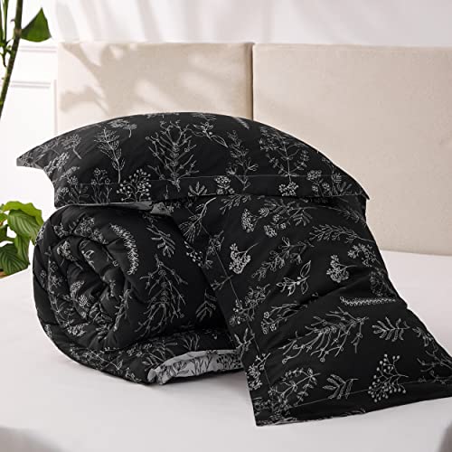 Bedsure King Comforter Set - Black Bed Set, 3 Pieces Cute Floral Bedding, 1 Soft Reversible Botanical Flowers Comforter and 2 Pillow Shams Bedsure