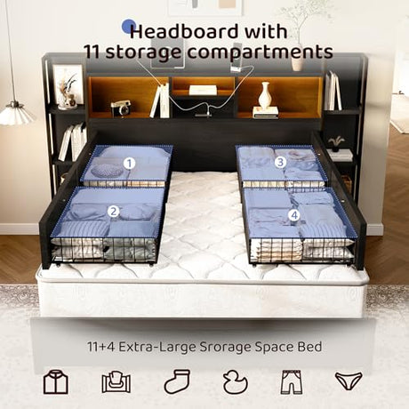 BRELTAM King Size Bed Frame with 4 Storage Drawers and Headboard Featuring Shelf Storage, Wooden Platform Bed Frame with LED Lights and Charging Station, Easy Assembly/No Box Spring Needed/Black BRELTAM