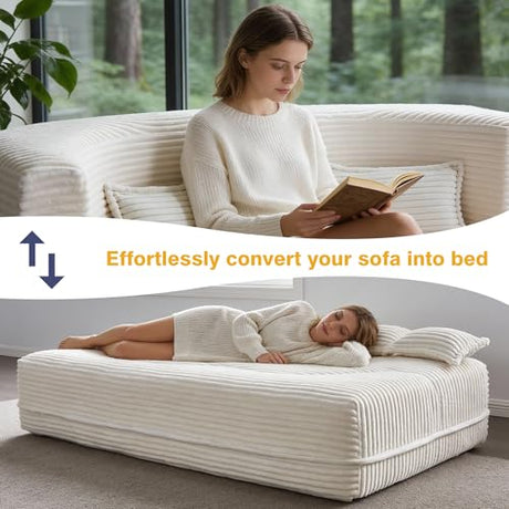 78" Twin Size Convertible Folding Sleeper Sofa Bed, Modern Corduroy Futon Sofa Bed with Pillow, Foam Mattress Loveseat Cloud Couch, No Assembly Floor Couches for Living Room, Playroom, Apartment Beige extrasleep