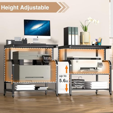 niffgaff Mobile Printer Stand with Large Desktop - 3 Tier Shelf, 24.4 Inch Height, Wooden Organizer for Home&Office, Black niffgaff