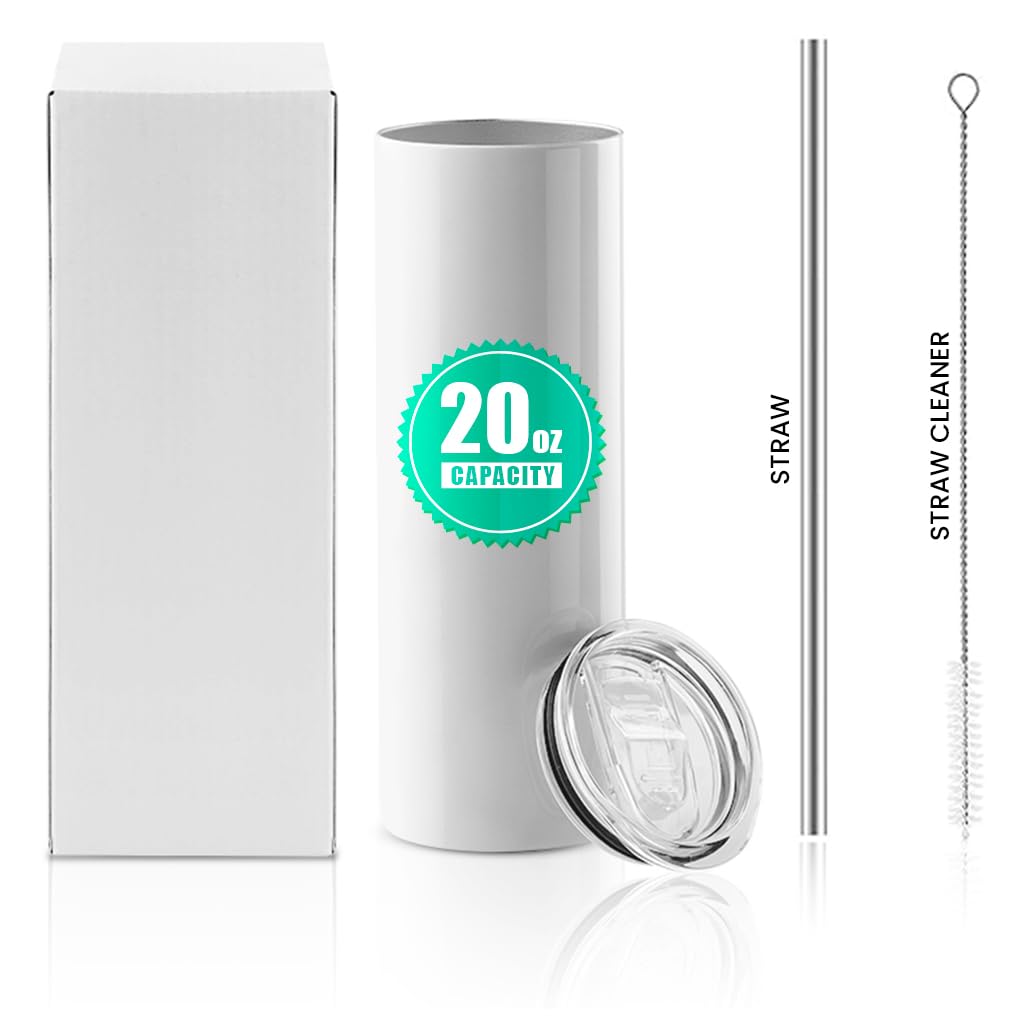 Rumble Tumblez Sublimation Tumblers - Skinny Tumbler Stainless Steel - 20oz Blank with Lid and Straw - Double-Wall 20 Oz Tumbler Bulk, Easy to Use and Perfect for Gifting Purpose 6 Pack Rumble Tumblez