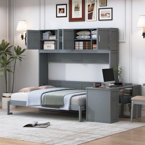 Merax Queen Size Wall Murphy Bed with Desk and Storage Shelves and Big Cabinets for Guest Room, Bed Room, Guest Room, Home Office, Gray Merax