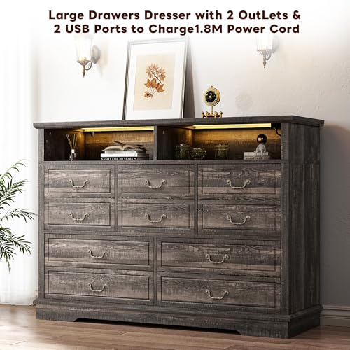 EnHomee 55.2''Wide Dresser for Bedroom Wood Dresser with LED & Power Outlet Vintage 10 Drawer Dressers & Chests of Drawers Long Dresser TV Stand, Closet,Hallway, Dark Rustic Oak - WoodArtSupply