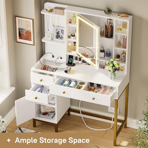 VIAGDO Vanity Desk with Mirror and Lights, Makeup Vanity with Drawers and Charging Station, Vanity Table with Shelves, Cabinet, Hidden Space for Bedroom, White VIAGDO