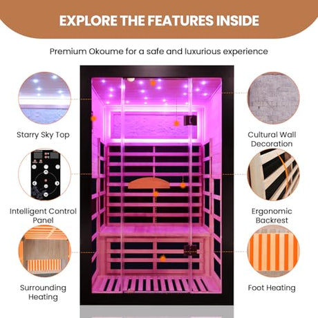 SAUNA Infrared Sauna 2 Person 2000W Low-EMF Wooden Home Spa Room Okoume Wood Indoor Dry Saunas with Intelligent Control Panel/Speaker/7-Colorful Starry Sky Light Two Person Sauna 47.3*41.3*74.8 IN HOSAUNA