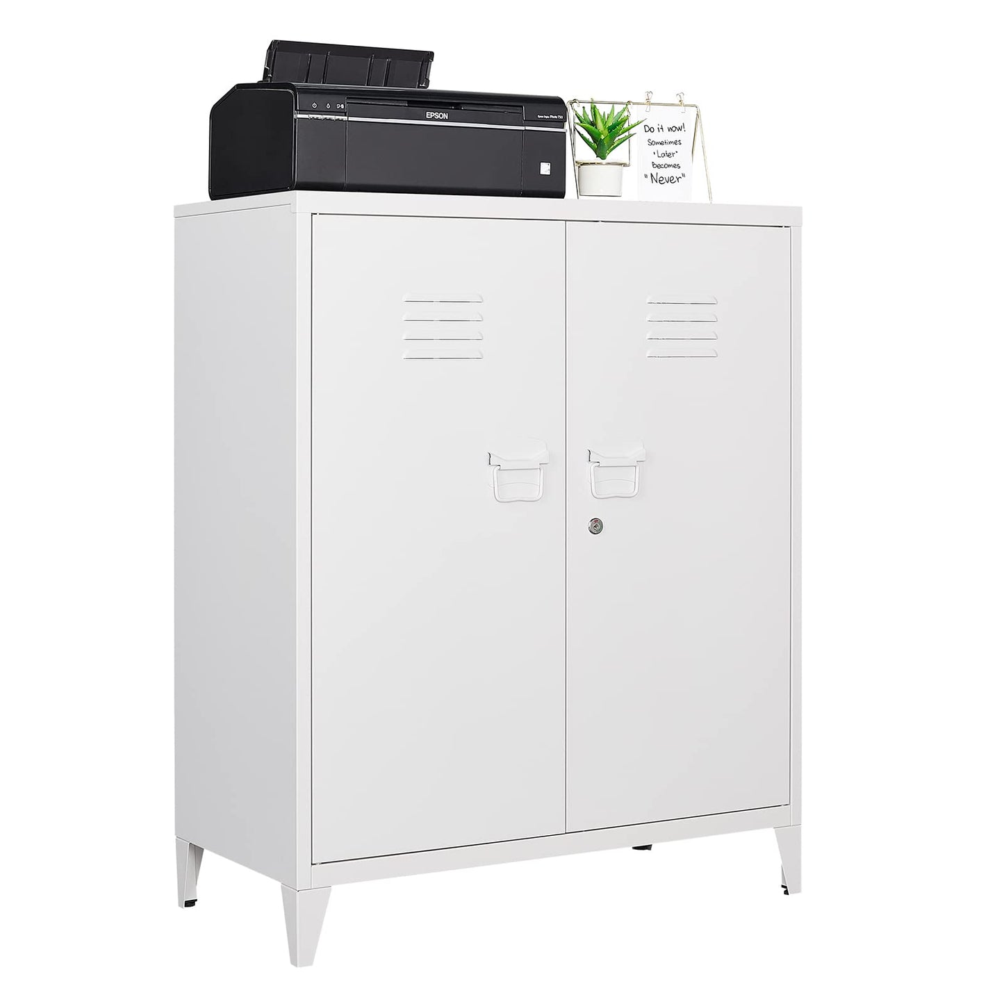 LISSIMO Metal Storage Cabinet, Home Office Cabinet with Doors and Adjustable Shelves,Locking Cabinet with Adjustabl Leg Levelers Assembly Required (White) - WoodArtSupply